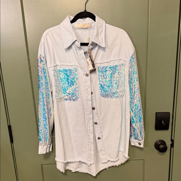 Krush Tops - L/C Lizette Collection Light Blue Denim Jacket with Aqua and Iridescent Sequins